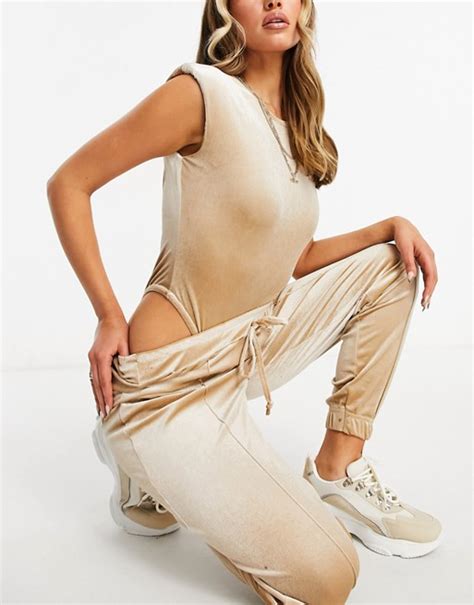 moda minx velvet body with shoulder pad detail and jogger in champagne asos