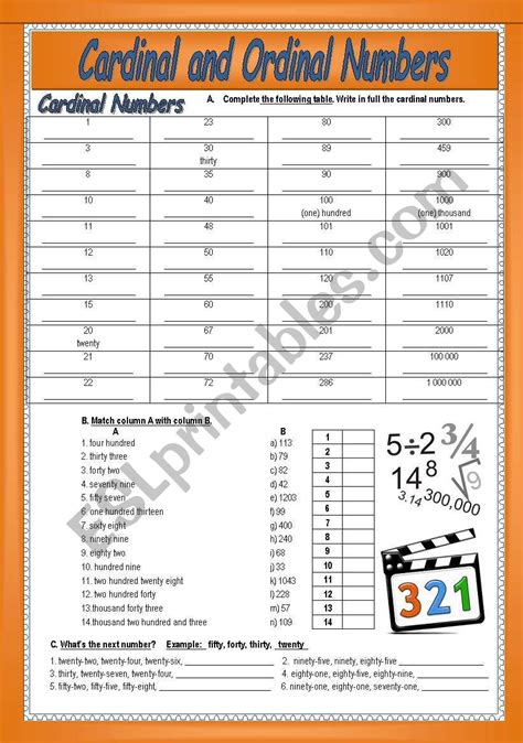 ordinal cardinal numbers esl worksheet by nour