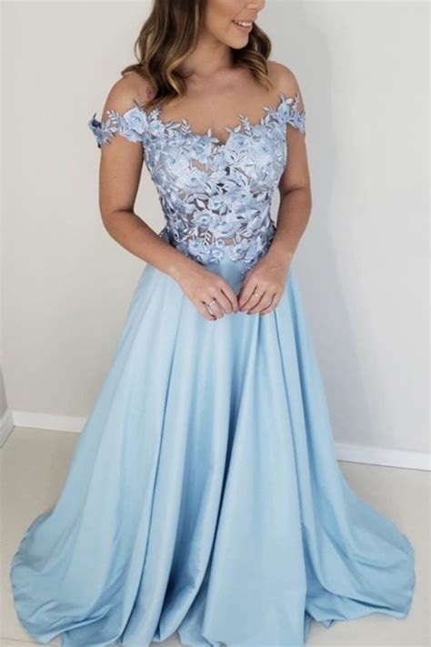 Lace Embroidery Satin Prom Dresses Off Shoulder Rosyprom Light Blue