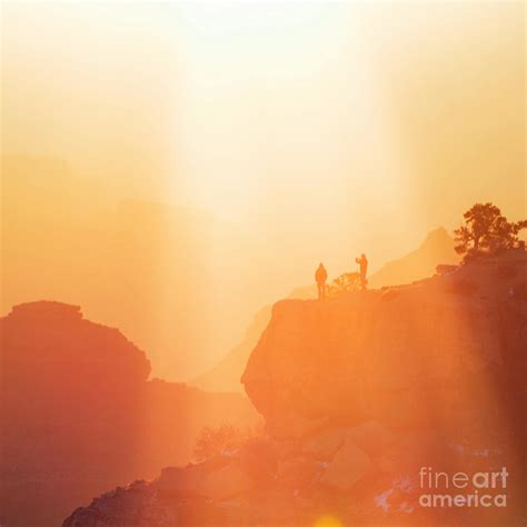 Hikers Bathed In Sunrise Sunrays In Grand Canyon National Park Square