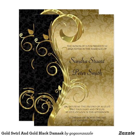 Gold Swirl And Gold Black Damask Invitation | Zazzle.com | Damask invitations, Damask, Invitations