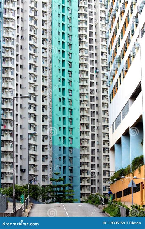 Dense High Rise Public Housing At Hk With Colorful Wall Stock Image