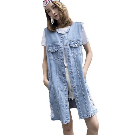 2018 New Spring Autumn Long Denim Vest Women Plus Size Waistcoats Female Frayed Jeans Vest