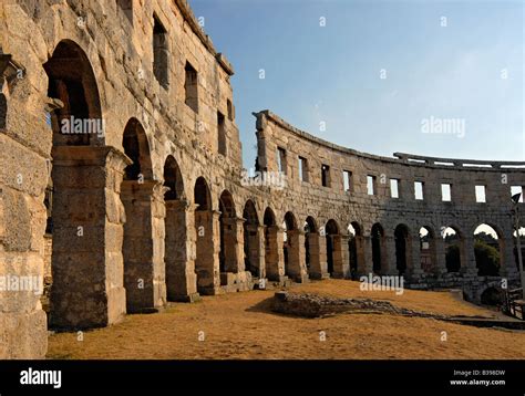 Insdie Ancient Roman Amphitheater Arena In Pula Istria Croatia Stock