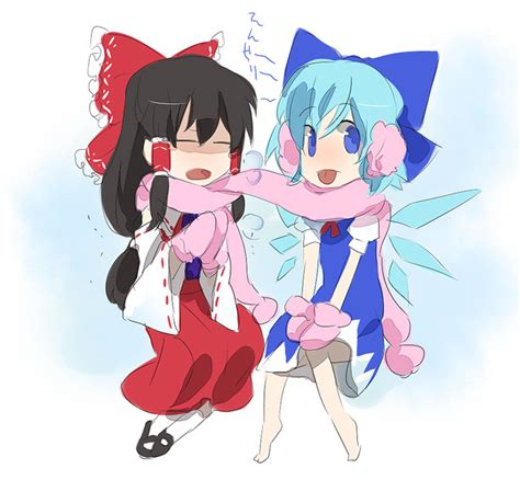 Safebooru 2girls P Barefoot Cirno Earmuffs Female Hakurei Reimu