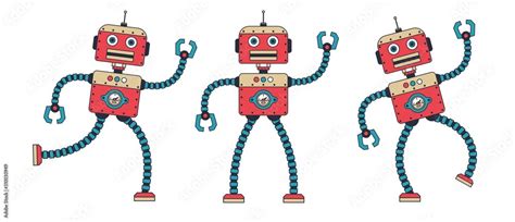 Funny Retro Robot Dancing Steampunk Cartoon Vintage Red Cyborg Poses