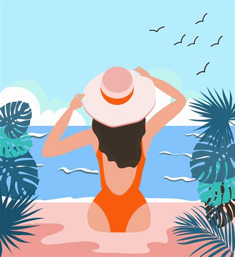 Girl In A Swimsuit And A Hat On The Beach Summer Rest Vector Art At Vecteezy