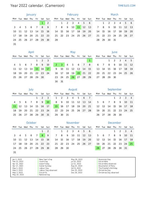Calendar For 2022 With Holidays In Cameroon Print And Download Calendar