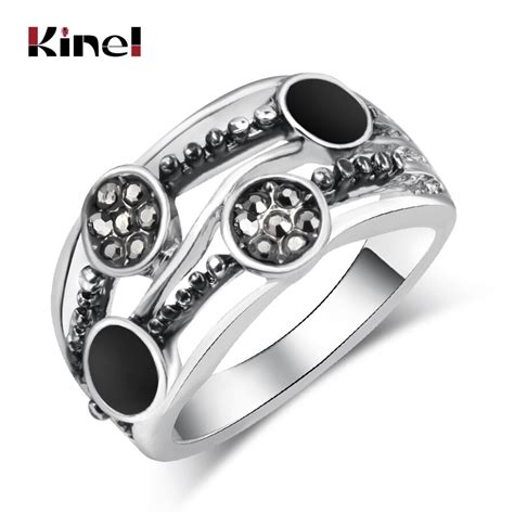 kinel new vintage silver color multilayer rings punk rhinestone black enamel ring fashion female