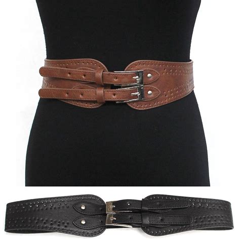 Women Elastic Leather Buckle Hip Waist Wide Belt Stretch Vintage