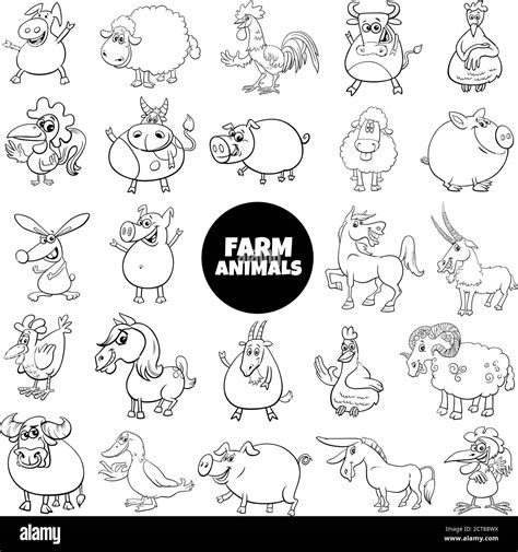 Black And White Cartoon Illustration Of Comic Farm Animal Characters