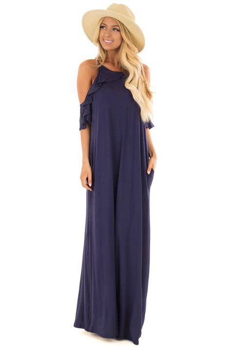 Lime Lush Boutique Navy Cold Shoulder And Ruffle Detail Maxi Dress 44 99