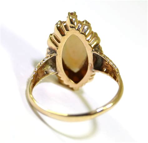 Vintage Marquise Cut Opal Diamond 14k Yellow Gold Ring Tns Diamonds