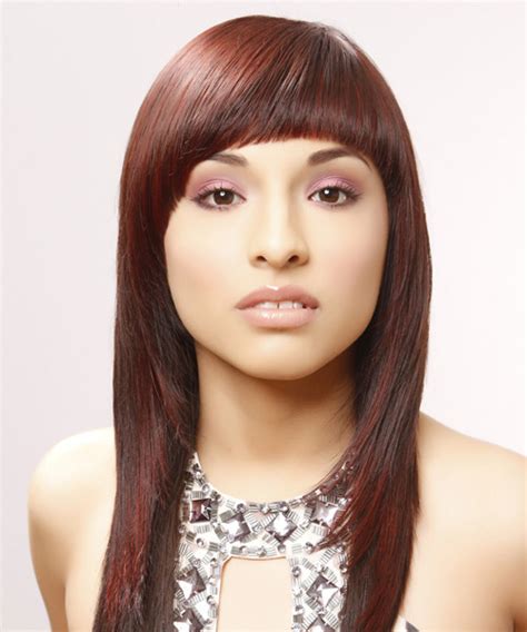 Long Straight Alternative Hairstyle With Blunt Cut Bangs Medium Red