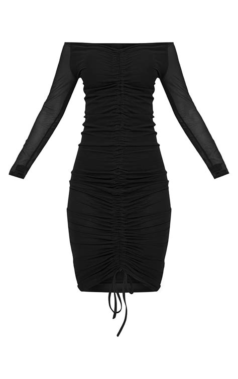 Shape Black Mesh Ruched Bardot Midi Dress Prettylittlething Usa