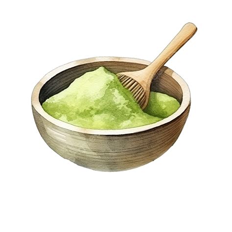 Matcha Powder Watercolor In Wooden Bowl Illustration Powder Green Tea