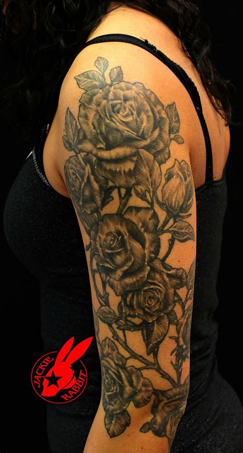 From a half to full arm sleeve, there are so many ways to get badass ink! Rose Sleeve Tattoo by Jackie Rabbit | Rose tattoo sleeve ...