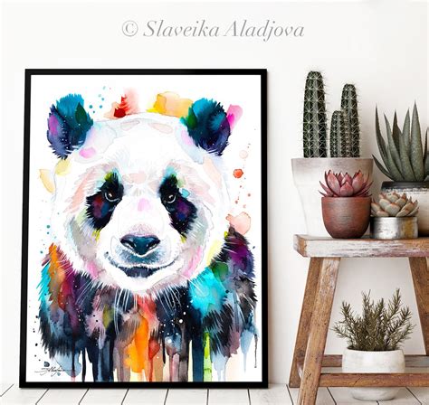 Colourful Panda Watercolor Painting Print By Slaveika Aladjova
