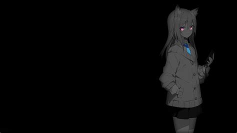 selective coloring black background dark background simple background anime girls cat ears cat
