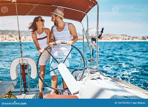 Romantic Vacation And Luxury Travel Happy Couple On A Sailing Boat Stock Image Image Of