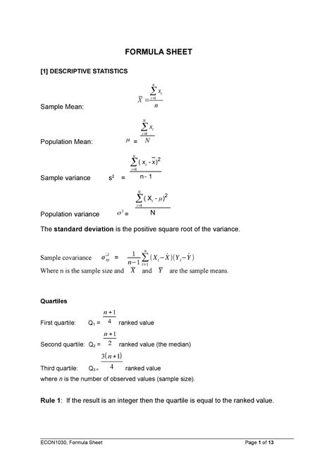 Business Statistics Formula Sheet Formula Sheet 1 Descriptive