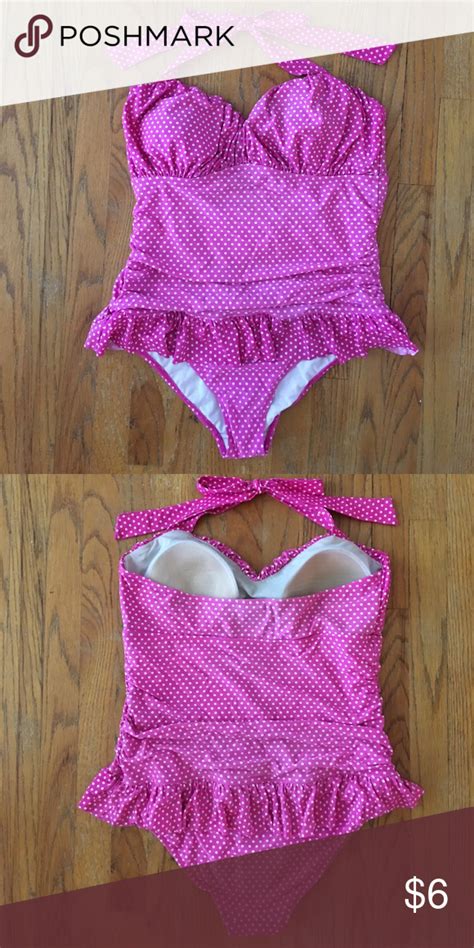 Pink Polka Dot Full Piece Swimsuit With Peplum Full Piece Swimsuits
