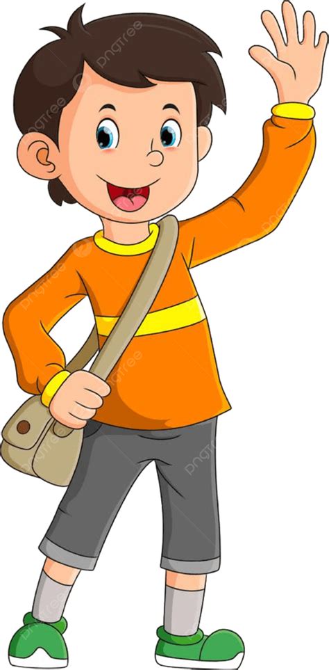The Happy Boy Is Ready For School And Waving The Hand Student Brave Doodle Png And Vector