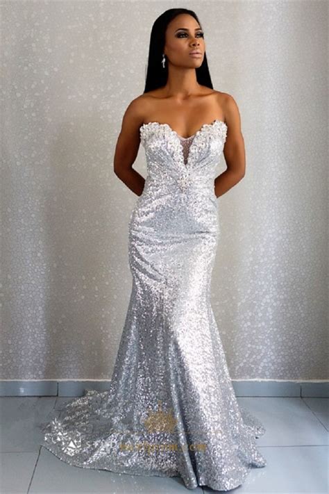 Sparkly Silver Strapless Beaded Embellished Sequin Mermaid Prom Dress