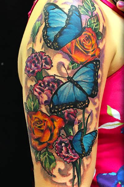 Butterfly And Flower Sleeve Tattoo Idea