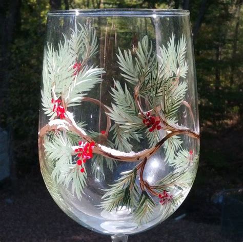 Holiday Pine Branches And Berries Hand Painted Wine Glasses Etsy Hand Painted Wine Glasses