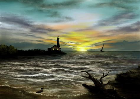Ipad Painting Lighthouse Sunset Digital Art By Ron Grafe