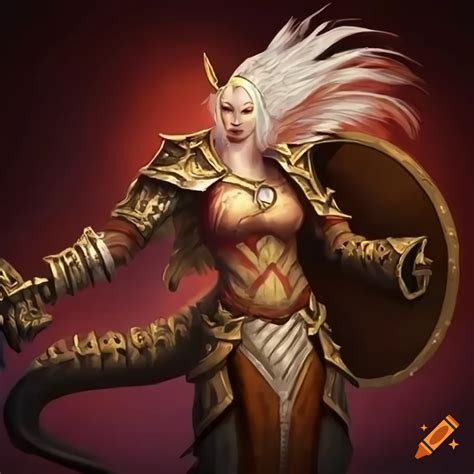 albino female naga cleric with hammer and shield