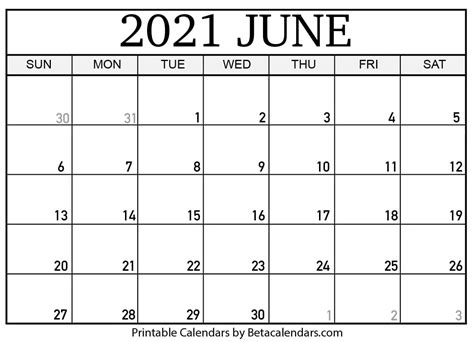 Printable Calendar June 2021 June 2021 Calendar Template Free