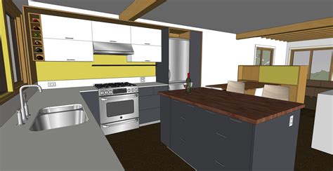 The layout has been created with the help of the 3d warehouse available google sketchup for appliances like chimney, microwave oven, stove etc. kitchen sketchup : CHEZERBEY