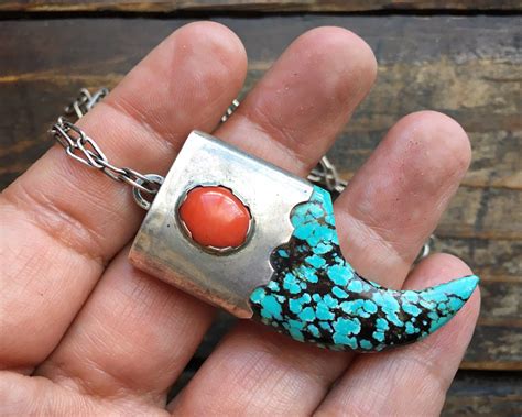 Vintage Turquoise Bear Claw Pendant With Coral And Sterling Silver