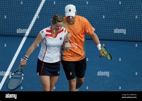 Belgiums Kim Clijsters Left And Bob Bryan During A Mixed Doubles