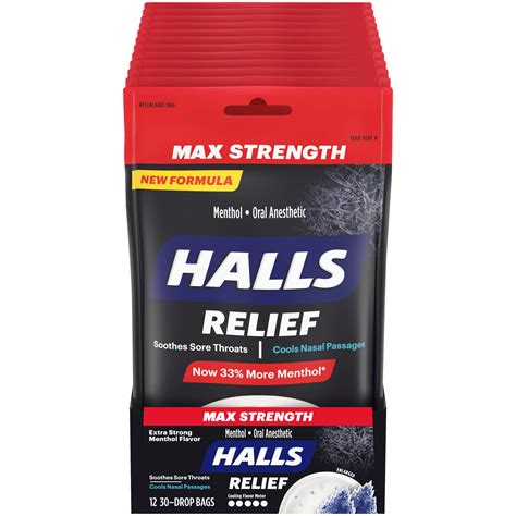 Halls Relief Max Strength Extra Strong Menthol Throat Drops 12 Packs