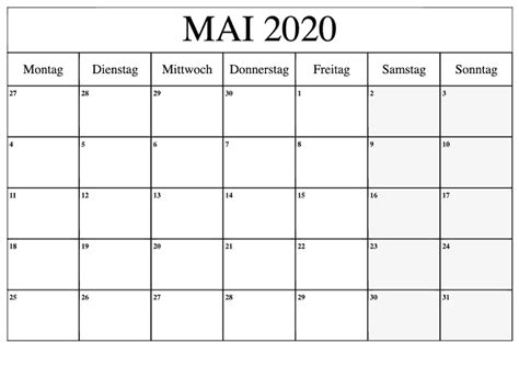 Kalender Mai 2020 Mit Feiertagen Frei