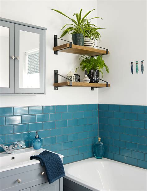 Each fan's softer blue tone complements warmer colors and comes in a shiny, gloss finish to help reflect surrounding light. Teal blue bathroom makeover with patterned floor and grey ...