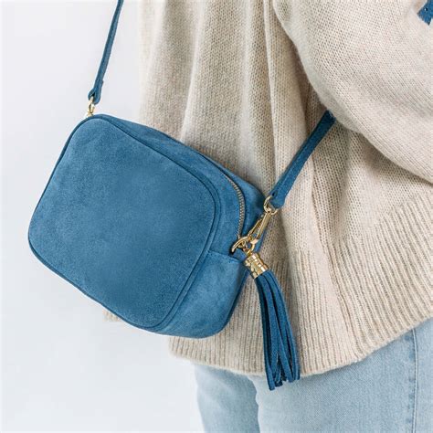 Personalised Blue Suede Cross Body Bag By The Stamford Studio