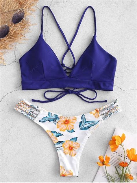 25 Off 2019 Zaful Lace Up Braided Flower Bikini Set In Denim Dark Blue S Zaful