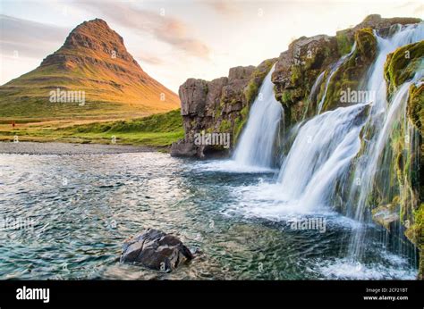Kirkjufell Waterfalls In Summer Season Iceland Stock Photo Alamy