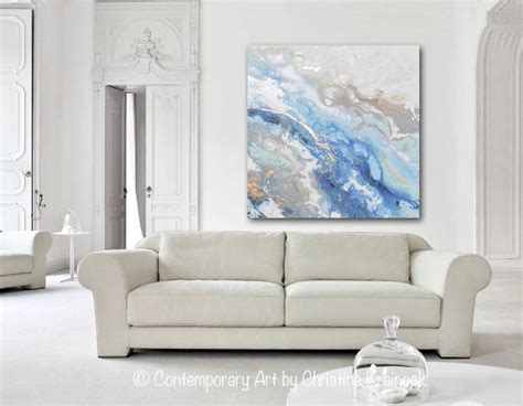 Original Art Modern Blue White Abstract Painting Marbled Gold Leaf Gre Contemporary Art By