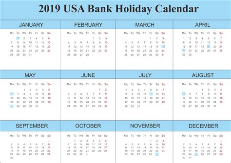 2019 Usa Bank Holidays Calendar Holiday Calendar Calendar Template