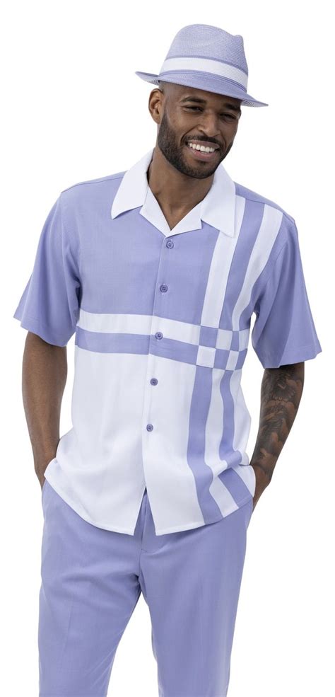 Mens 2 Piece Short Sleeve Walking Suit Contrast Striped Pattern In