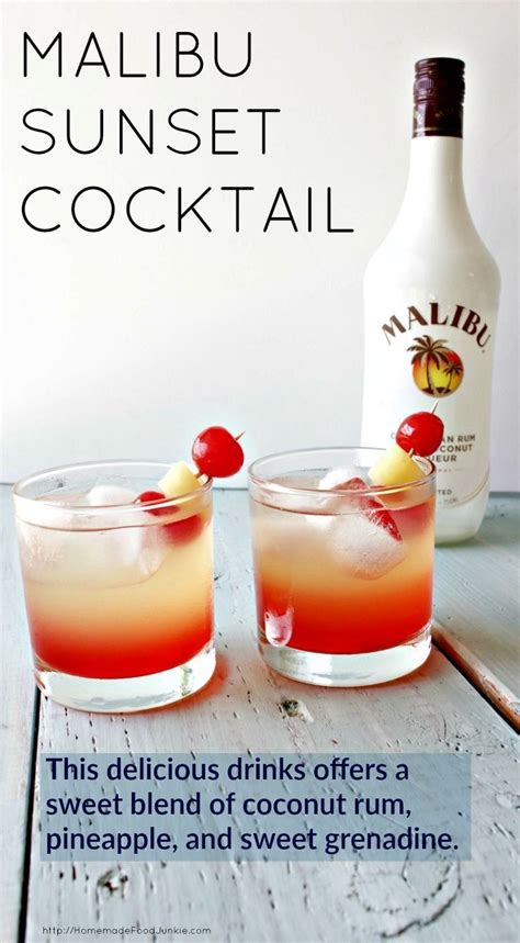 Using pineapple juice, malibu rum, and grenadine.this sweet tropical drink is the perfect summer cocktail! Malibu Sunset Cocktail This delicious drink recipe offers ...