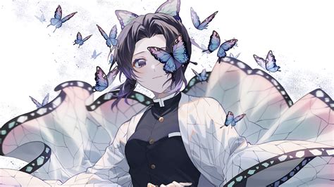 Demon Slayer Shinobu Kochou With White Background And Butterflies On