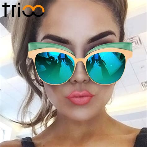 Trioo Coating Mirror Sunglasses For Women Gold Cat Eye Shades High