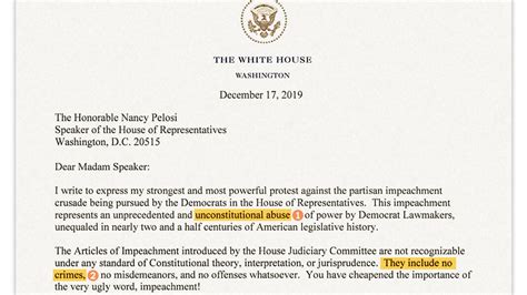 Read Trumps Letter To Pelosi Protesting Impeachment The New York Times