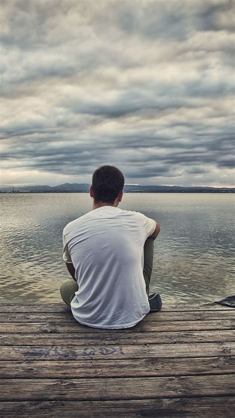Sad Alone Boy Sitting On The Bank Of Lake Sad Alone Lake Boy Hd